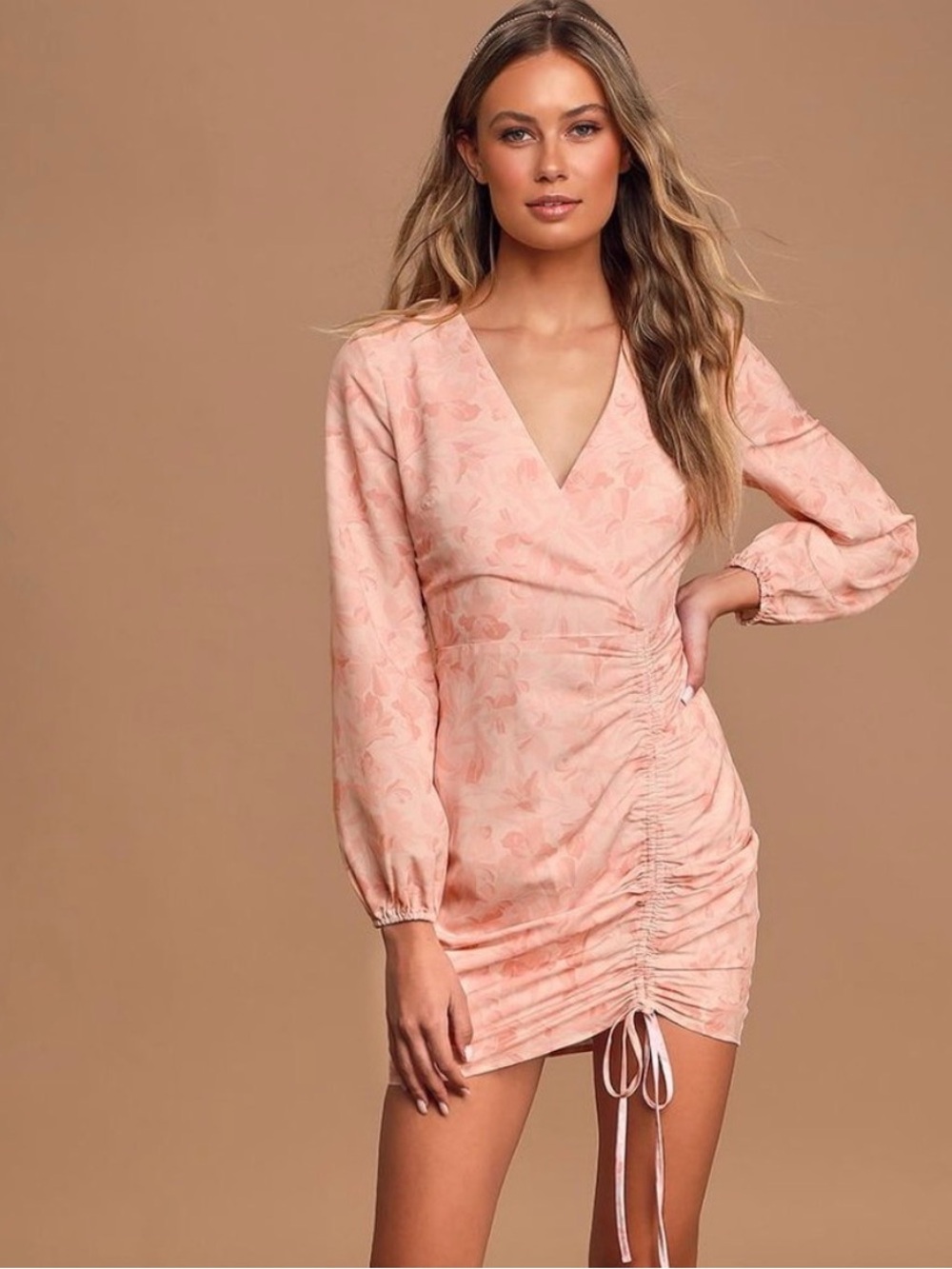 Sage Blush Pink Ruched V-Neck Mini Dress